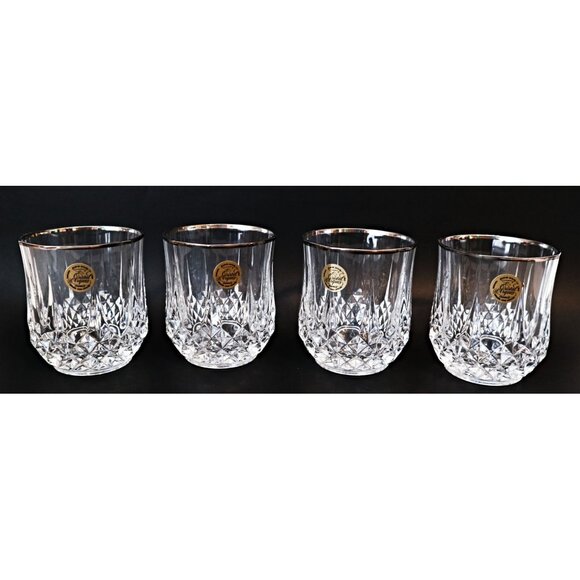 4 Cristal D' Arques Glasses Longchamp Lowball Rocks Diamond Cut Silver Rim - Picture 1 of 4